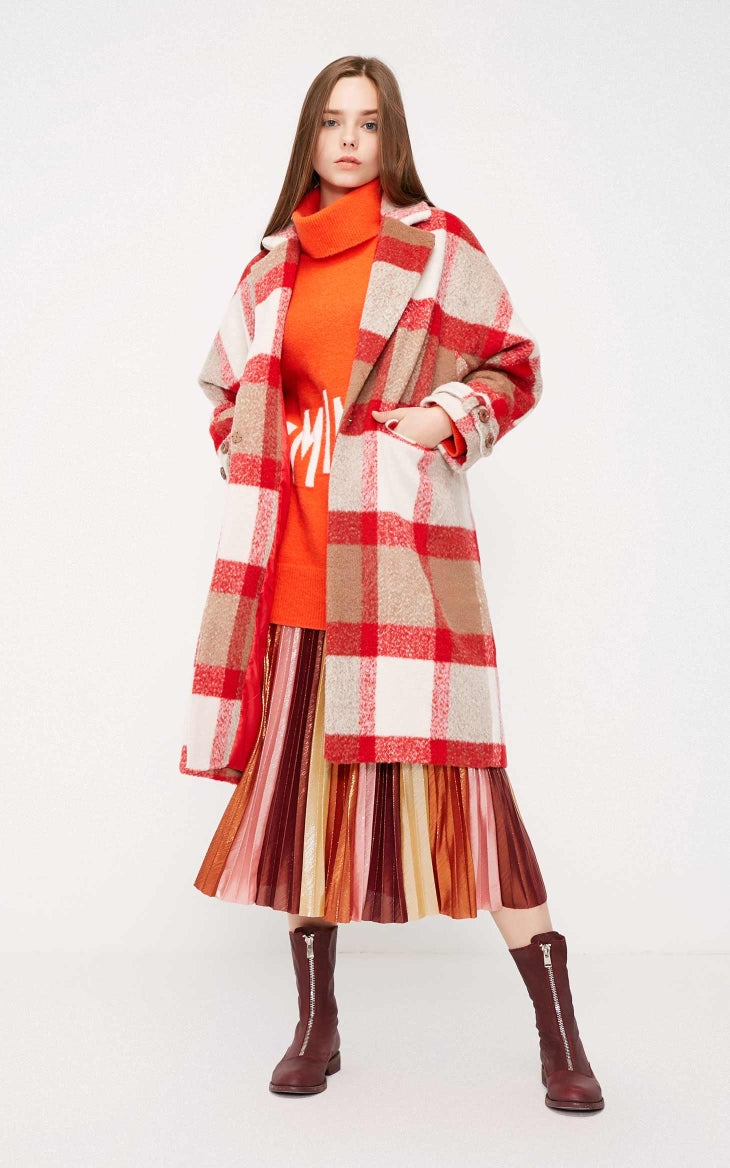 Waist Placket Decorated Long Plaid Wool Coat