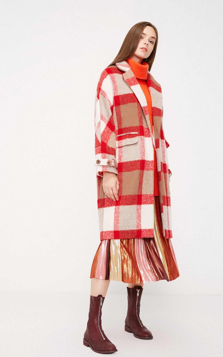 Waist Placket Decorated Long Plaid Wool Coat
