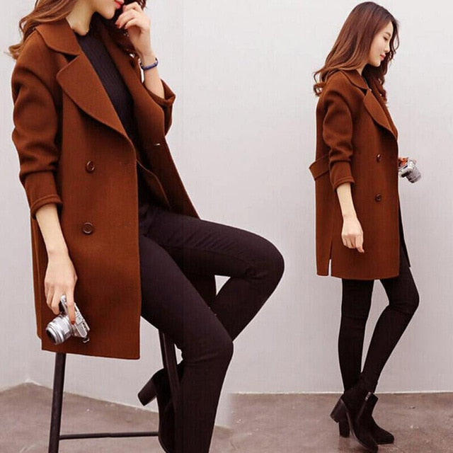 Wool Blend Slim Fit Lapel Woolen Cashmere Long Coat