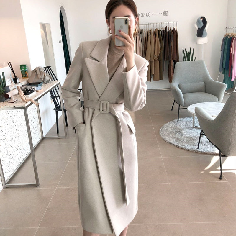 Wool Long Coat With belt lace Up Coats