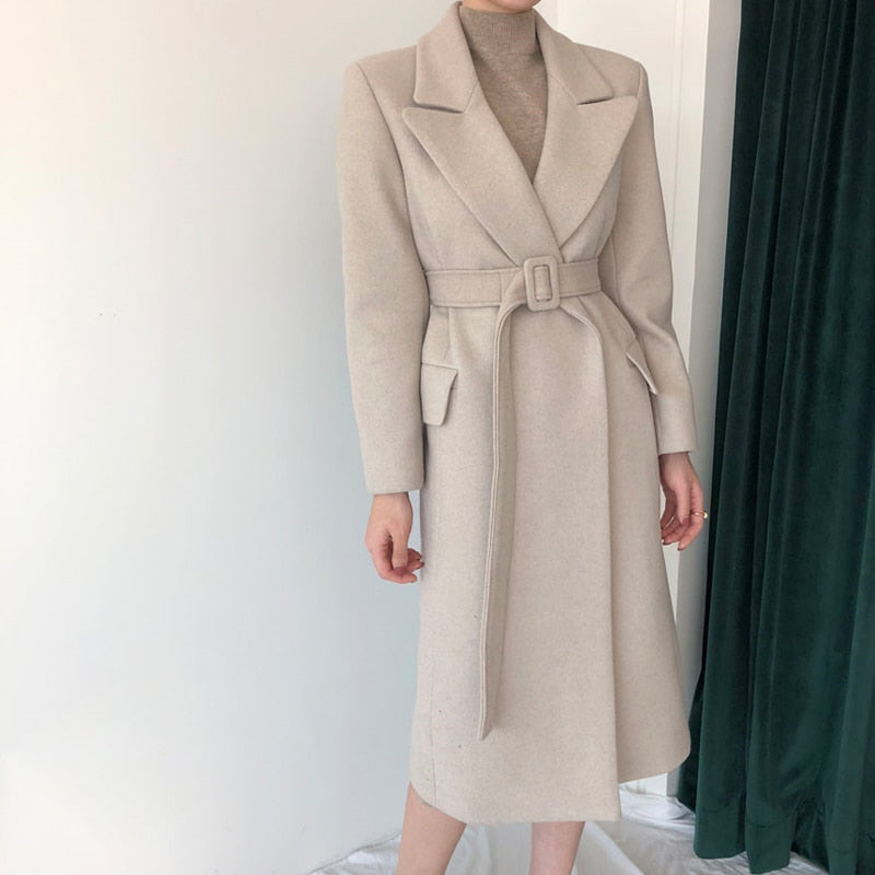 Wool Long Coat With belt lace Up Coats