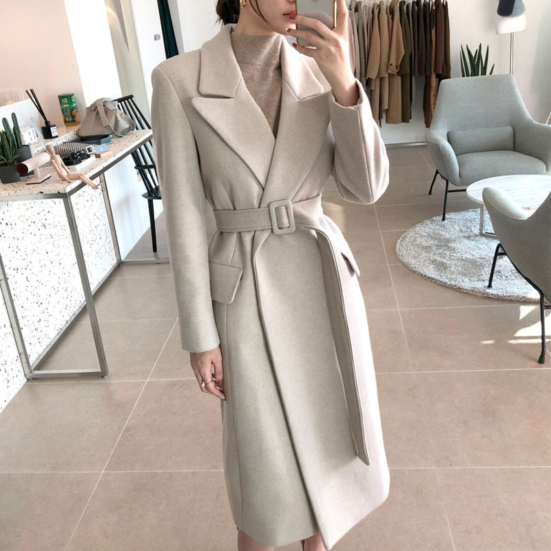 Wool Long Coat With belt lace Up Coats