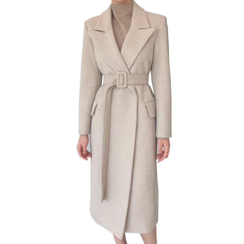 Wool Long Coat With belt lace Up Coats