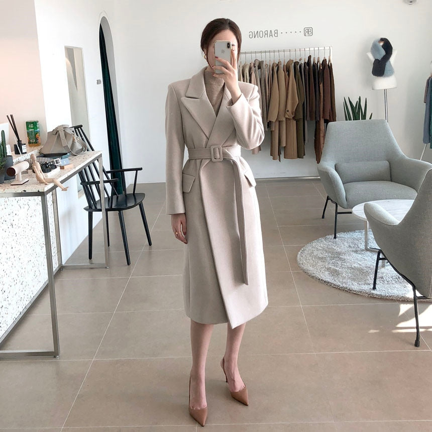 Wool Long Coat With belt lace Up Coats