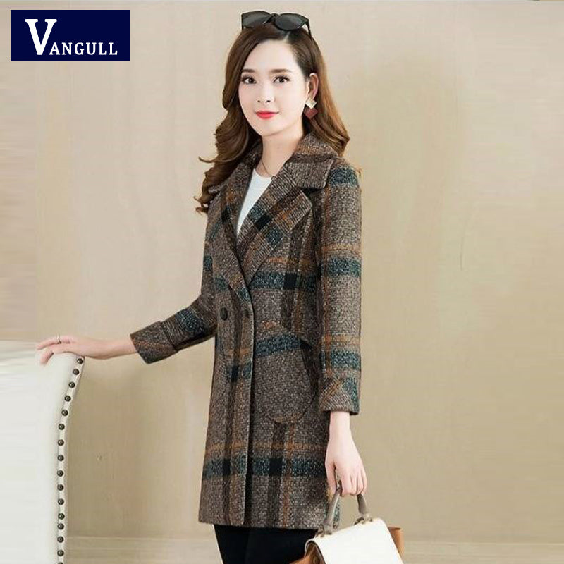 Plaid Woolen Suit Collar Double Breasted Slim Coats