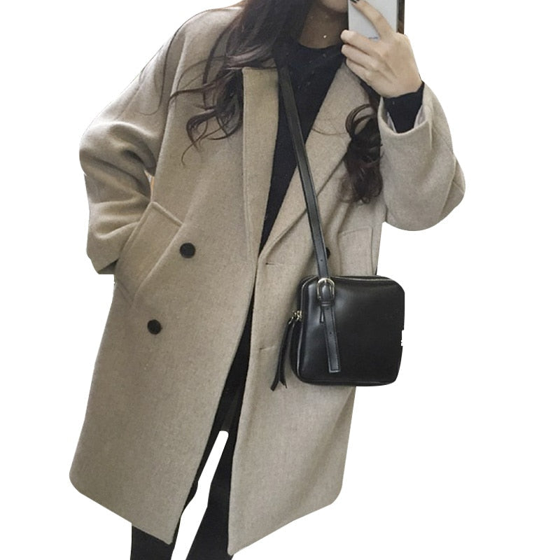 Thin Wool Blend Solid Turn-Down Collar Elegant Double Breasted Coat