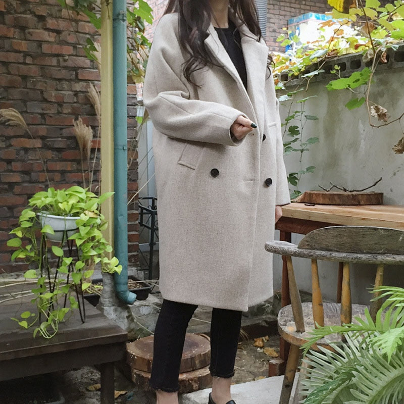 Thin Wool Blend Solid Turn-Down Collar Elegant Double Breasted Coat