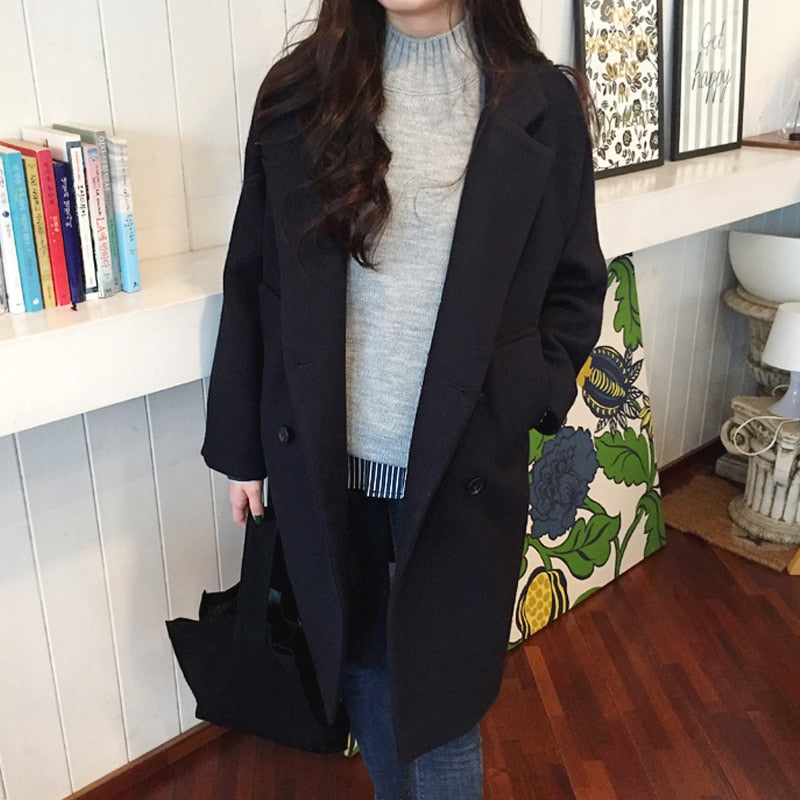 Thin Wool Blend Solid Turn-Down Collar Elegant Double Breasted Coat