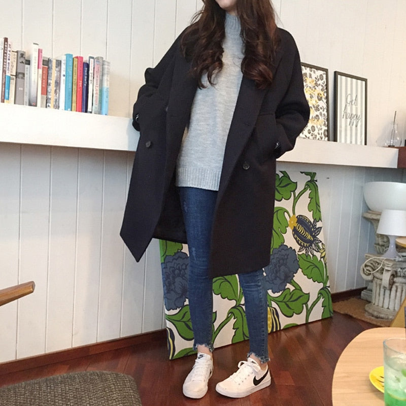 Thin Wool Blend Solid Turn-Down Collar Elegant Double Breasted Coat