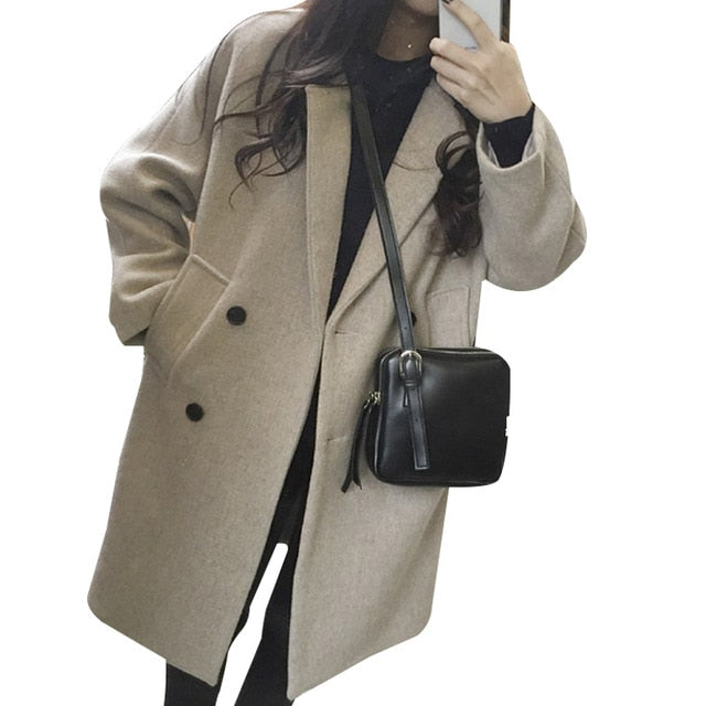 Thin Wool Blend Solid Turn-Down Collar Elegant Double Breasted Coat