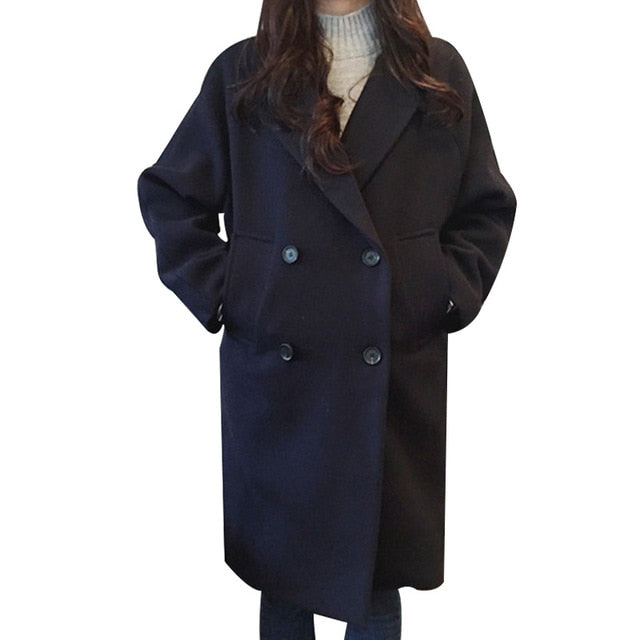 Thin Wool Blend Solid Turn-Down Collar Elegant Double Breasted Coat