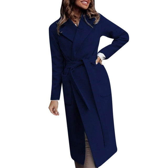 Wool Blend Long Sleeve Casual Loose Long Overcoat With Belt Coats