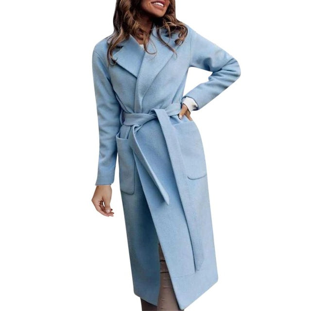 Wool Blend Long Sleeve Casual Loose Long Overcoat With Belt Coats