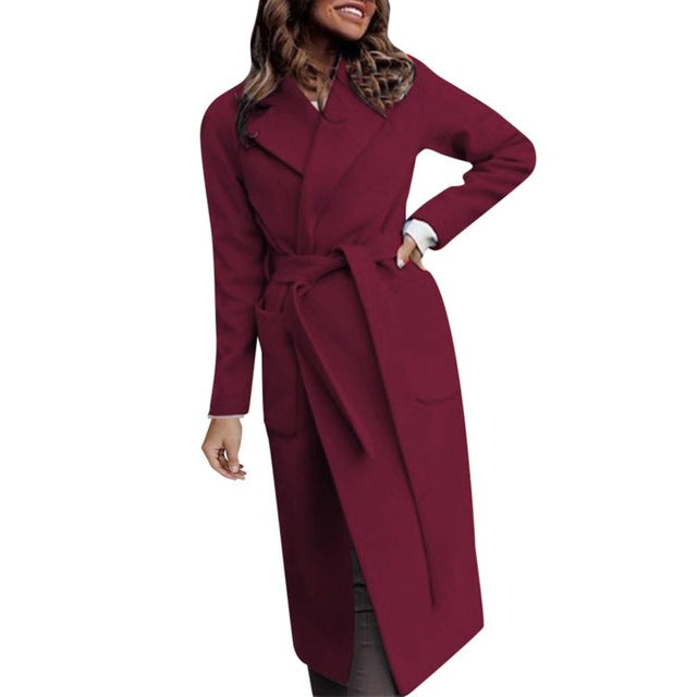 Wool Blend Long Sleeve Casual Loose Long Overcoat With Belt Coats