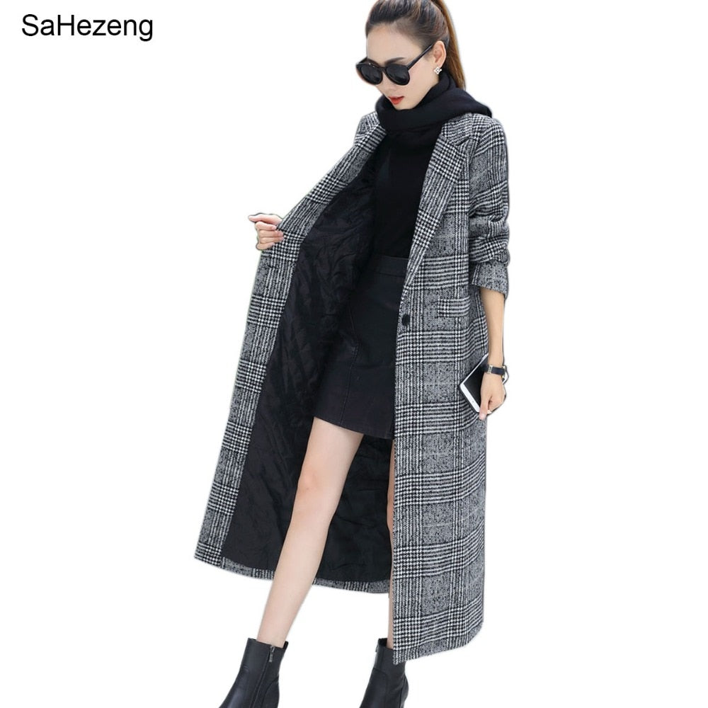 Plaid Loose Long Single Breasted Woolen Coats