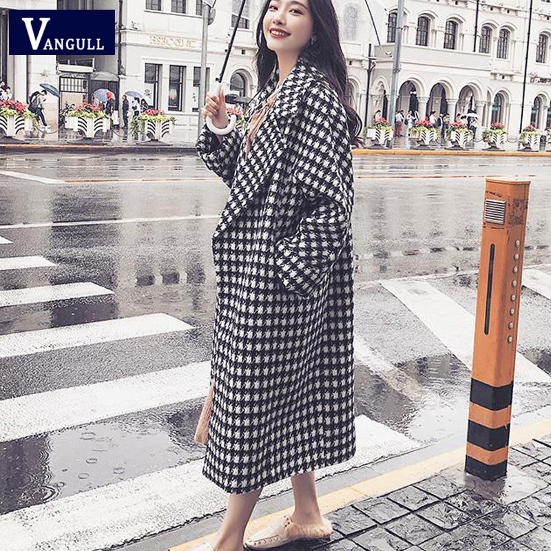 Plaid Wool Turn-down Collar Loose Thick Long coat
