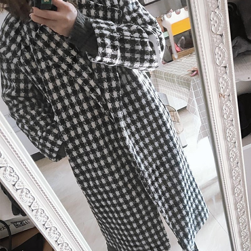 Plaid Wool Turn-down Collar Loose Thick Long coat