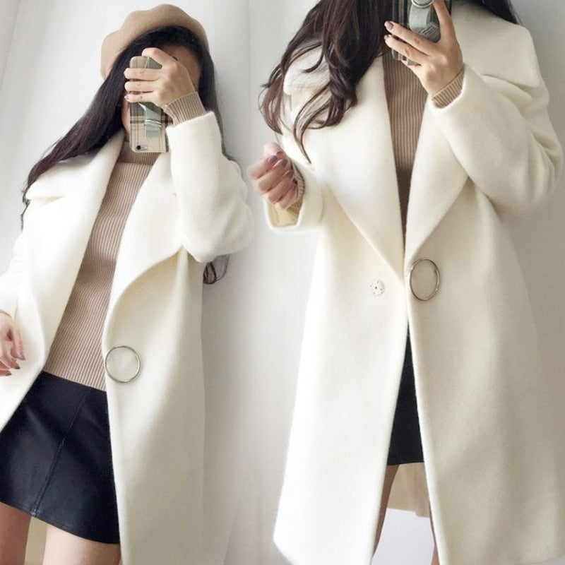 White Mixture Long Sleeve Delicate Wool Coat