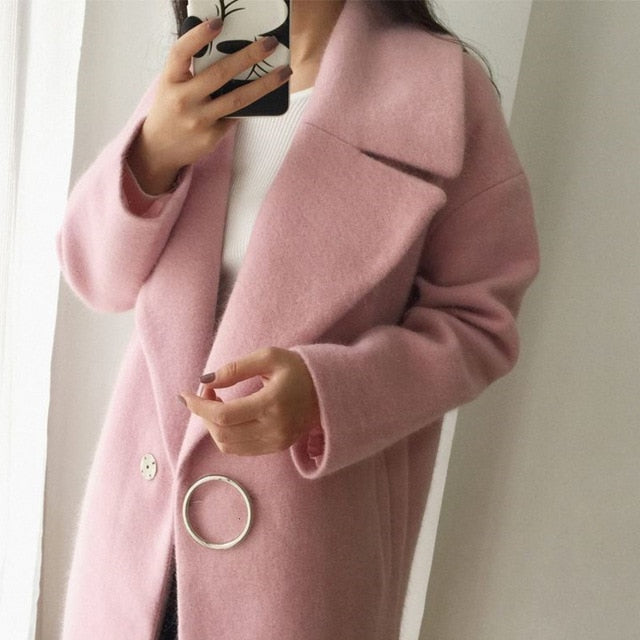 White Mixture Long Sleeve Delicate Wool Coat