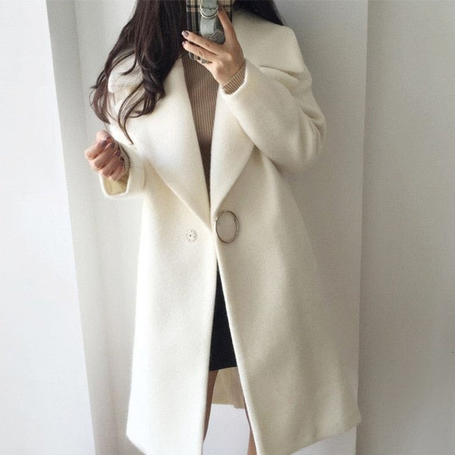 White Mixture Long Sleeve Delicate Wool Coat