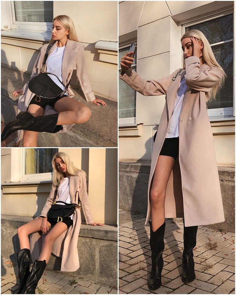 Vintage tweed Long sleeve elegant sash belt coat