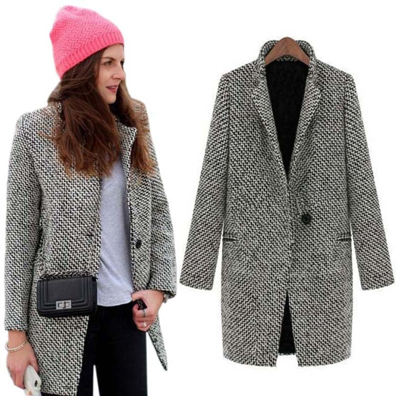 Wool Blend Trench Turn-down Collar Long Sleeve Coat