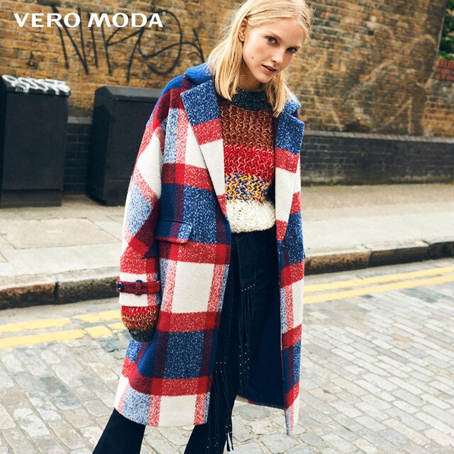 Waist Placket Decorated Long Plaid Wool Coat