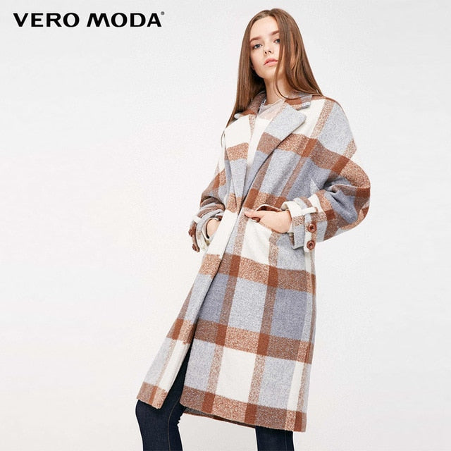 Waist Placket Decorated Long Plaid Wool Coat