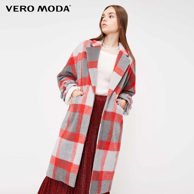 Waist Placket Decorated Long Plaid Wool Coat