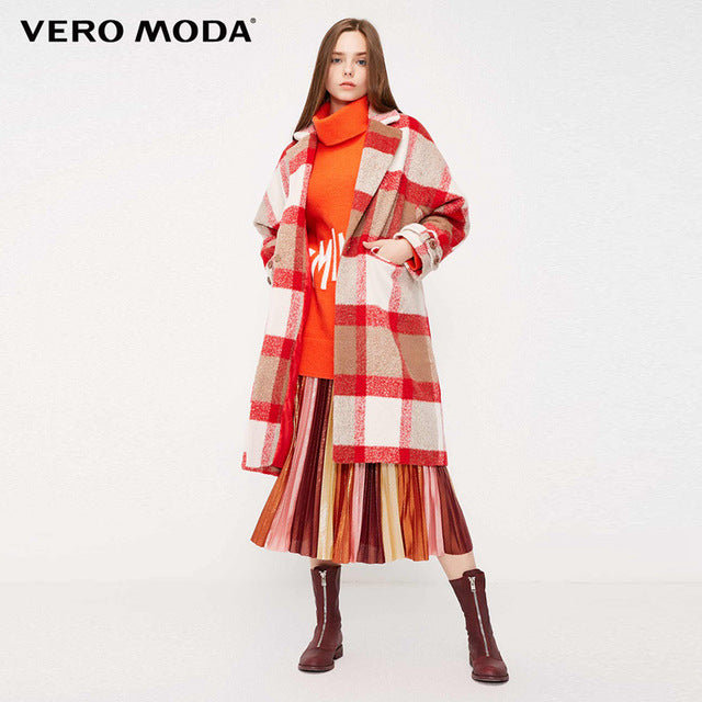 Waist Placket Decorated Long Plaid Wool Coat