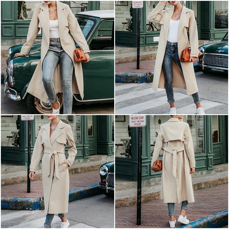 Vintage tweed Long sleeve elegant sash belt coat