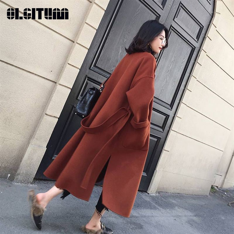 Thicken Long Sleeve Medium-long Turn-down Collar Open Front Parka Belt Coat