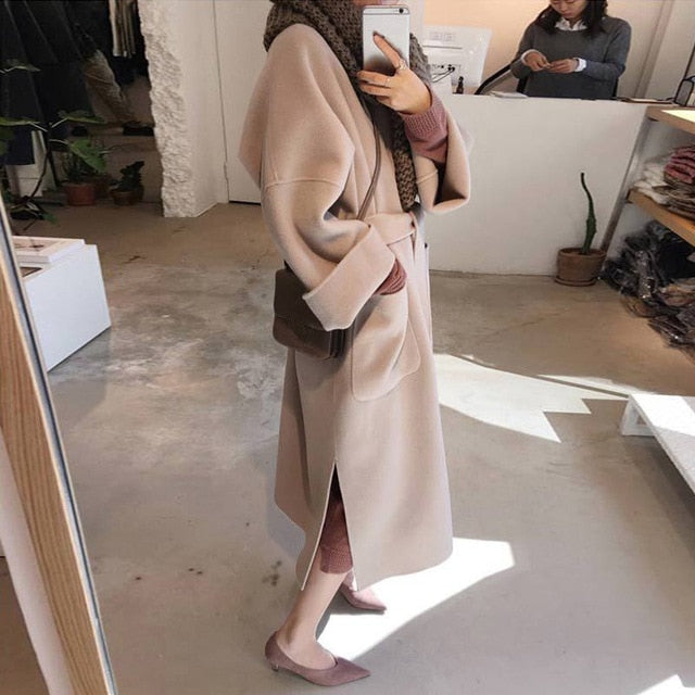 Thicken Long Sleeve Medium-long Turn-down Collar Open Front Parka Belt Coat