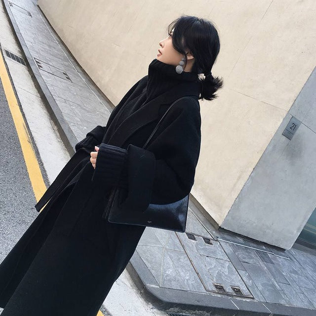 Thicken Long Sleeve Medium-long Turn-down Collar Open Front Parka Belt Coat