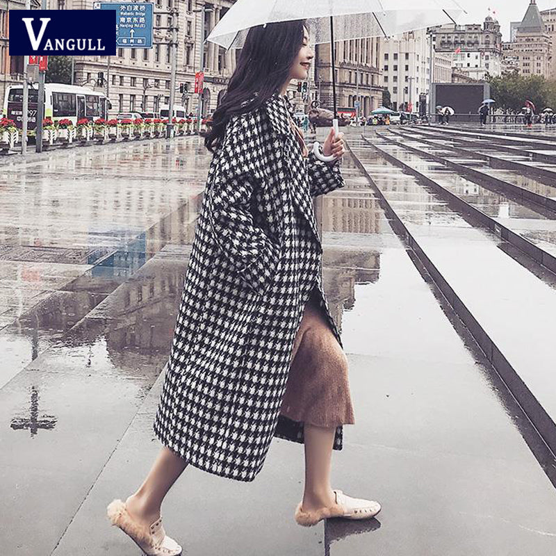 Plaid Wool Turn-down Collar Loose Thick Long coat