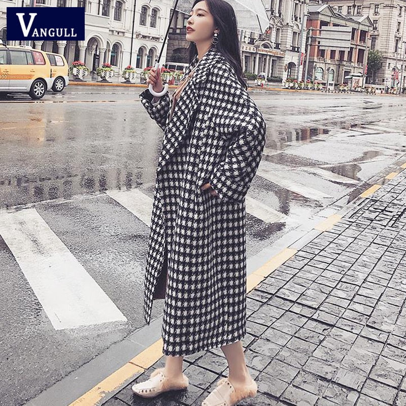 Plaid Wool Turn-down Collar Loose Thick Long coat