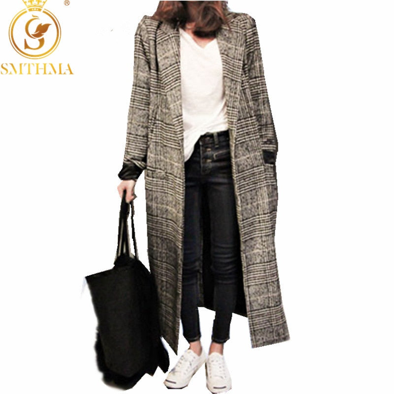 Tweed wool casual lattice Single-breasted long plaid coat