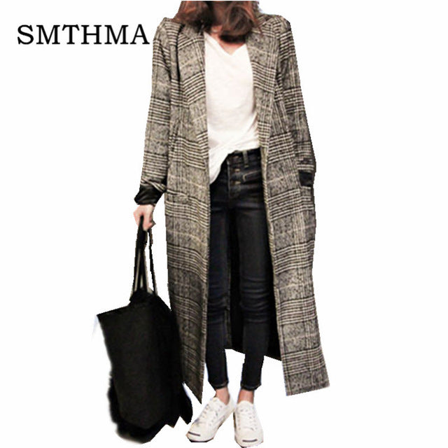 Tweed wool casual lattice Single-breasted long plaid coat