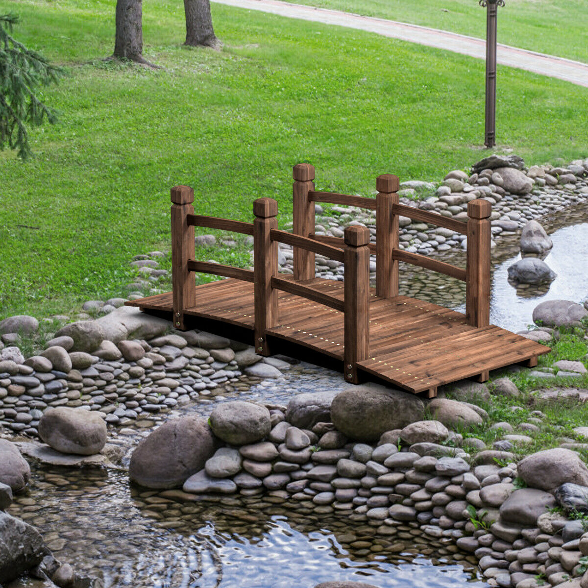 Wooden Bridge Stained Finish Decorative Solid Wood Garden Pond Arch Walkway