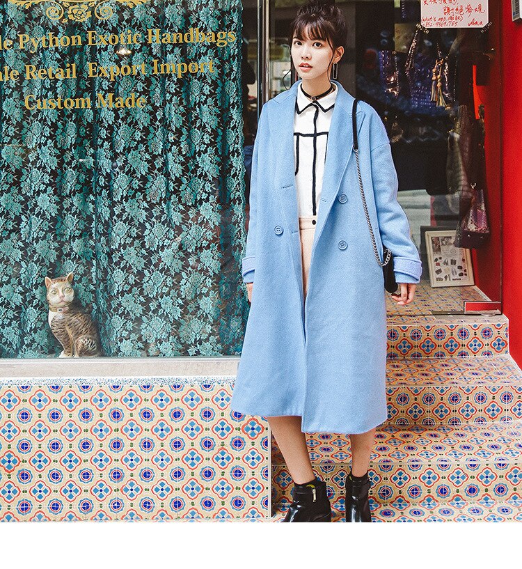 Solid Double Breasted Wool Blend Pockets Turn-down Collar Coats
