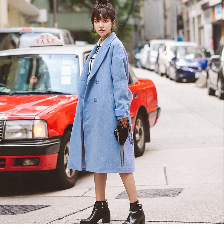 Solid Double Breasted Wool Blend Pockets Turn-down Collar Coats