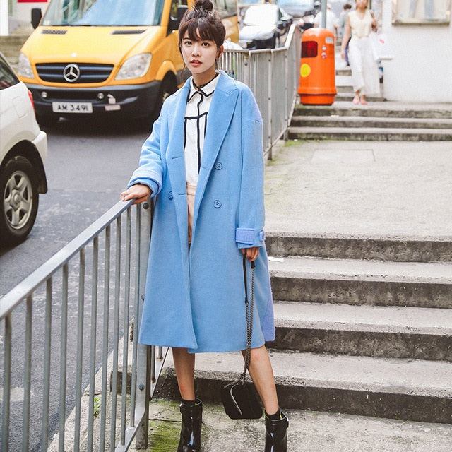 Solid Double Breasted Wool Blend Pockets Turn-down Collar Coats