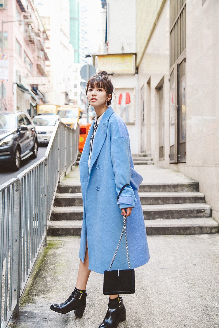 Solid Double Breasted Wool Blend Pockets Turn-down Collar Coats