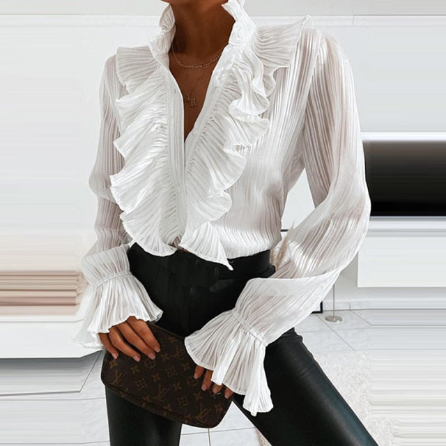 Ruffle Button Chiffon Blouse Elegant Flare Sleeve