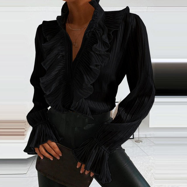 Ruffle Button Chiffon Blouse Elegant Flare Sleeve