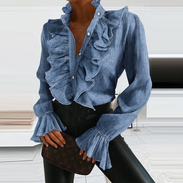 Ruffle Button Chiffon Blouse Elegant Flare Sleeve