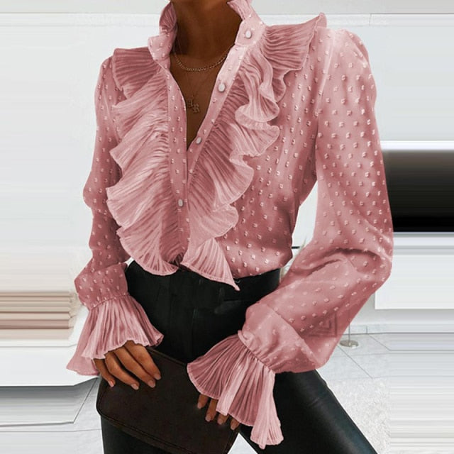 Ruffle Button Chiffon Blouse Elegant Flare Sleeve