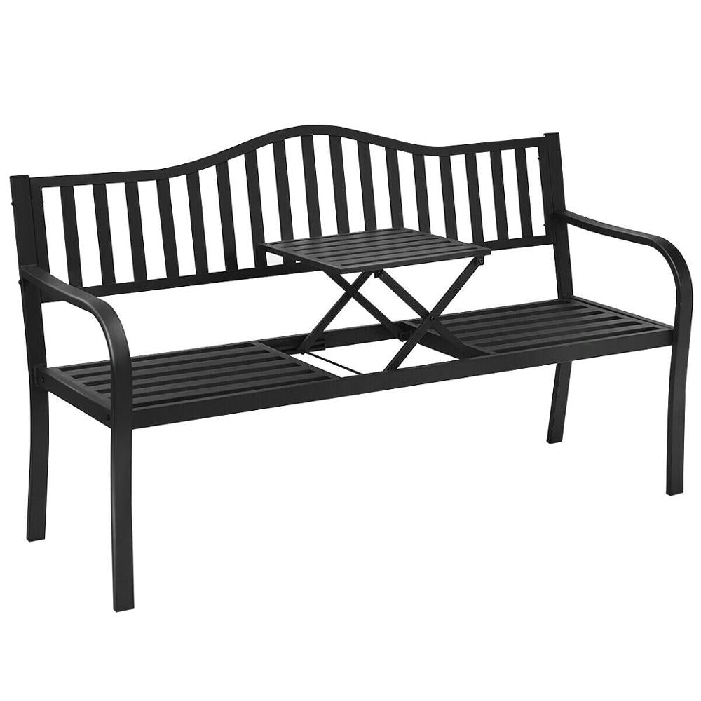 Steel Frame Patio Garden Bench with Adjustable Center Table