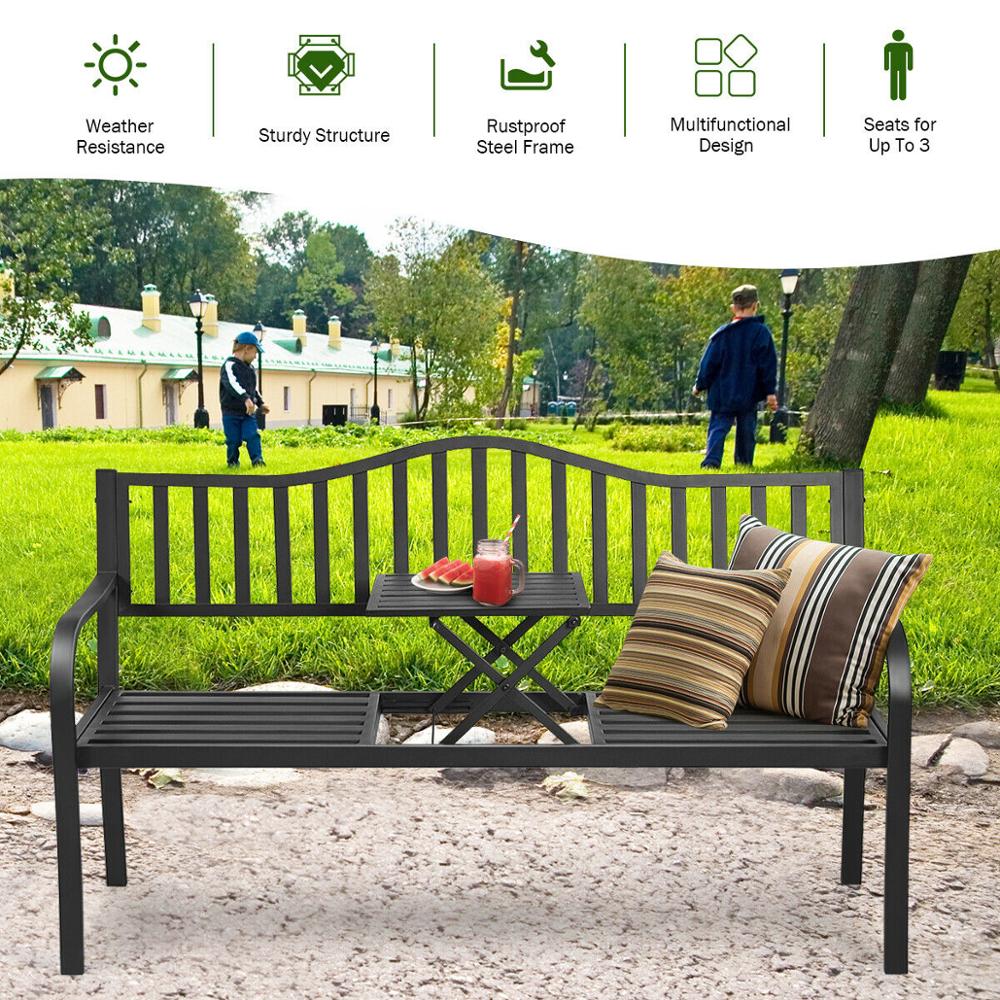 Steel Frame Patio Garden Bench with Adjustable Center Table