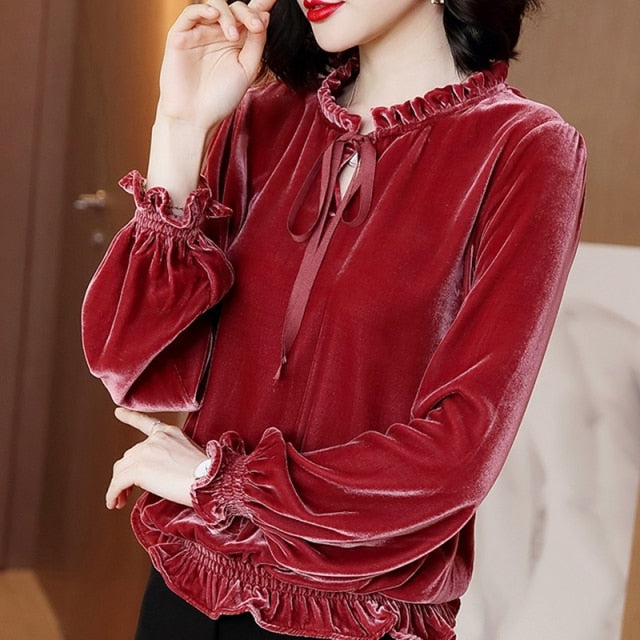 vintage bow ruffled casual loose blouse
